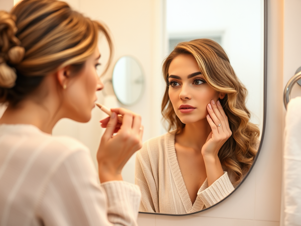 A woman applies makeup in front of a bathroom mirror, thoughtfully touching her face with a focused expression.