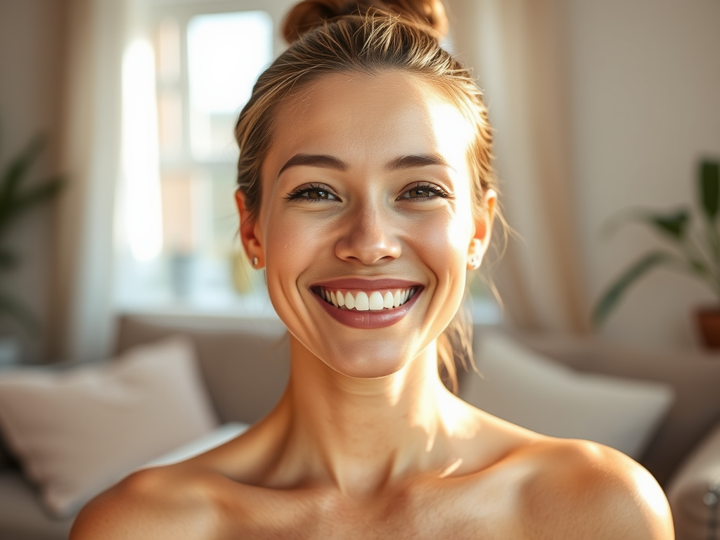 A smiling woman with long hair, wearing no top, sits indoors with soft lighting and plants in the background.