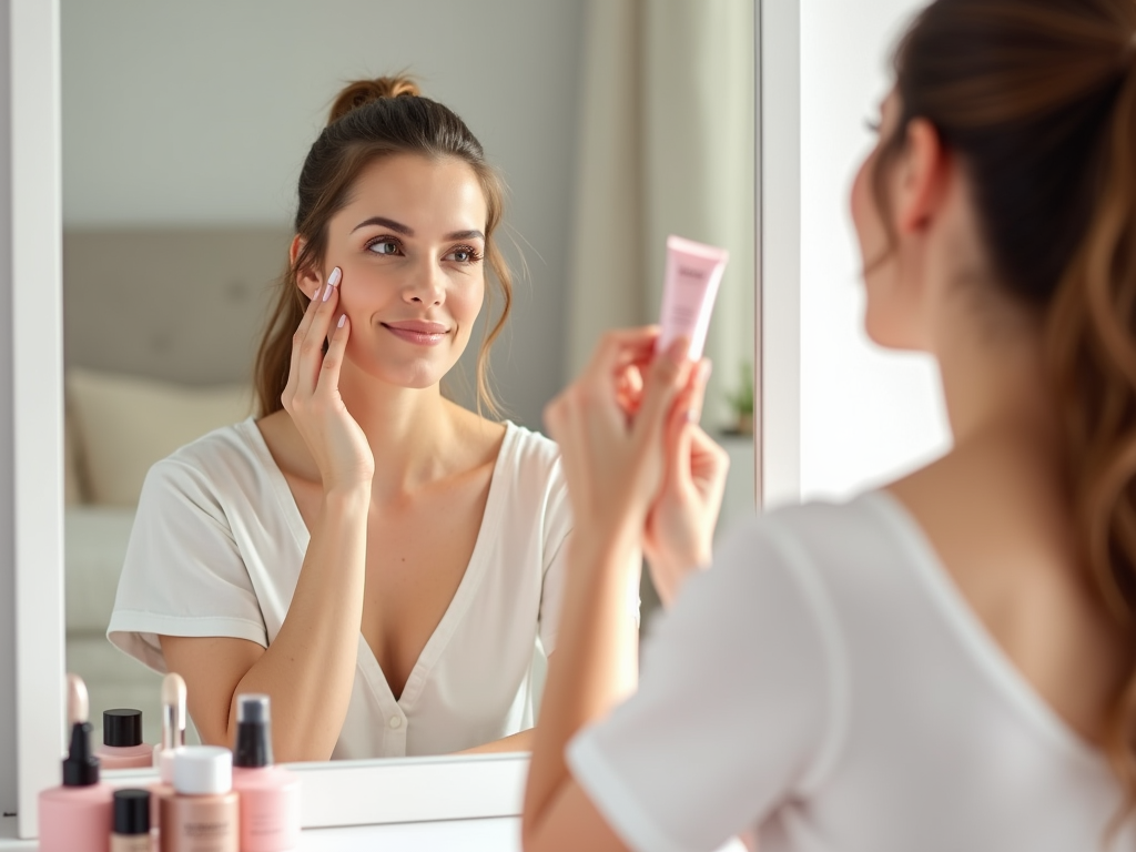 Woman applying skincare cream while looking in the mirror, with cosmetic products on counter.