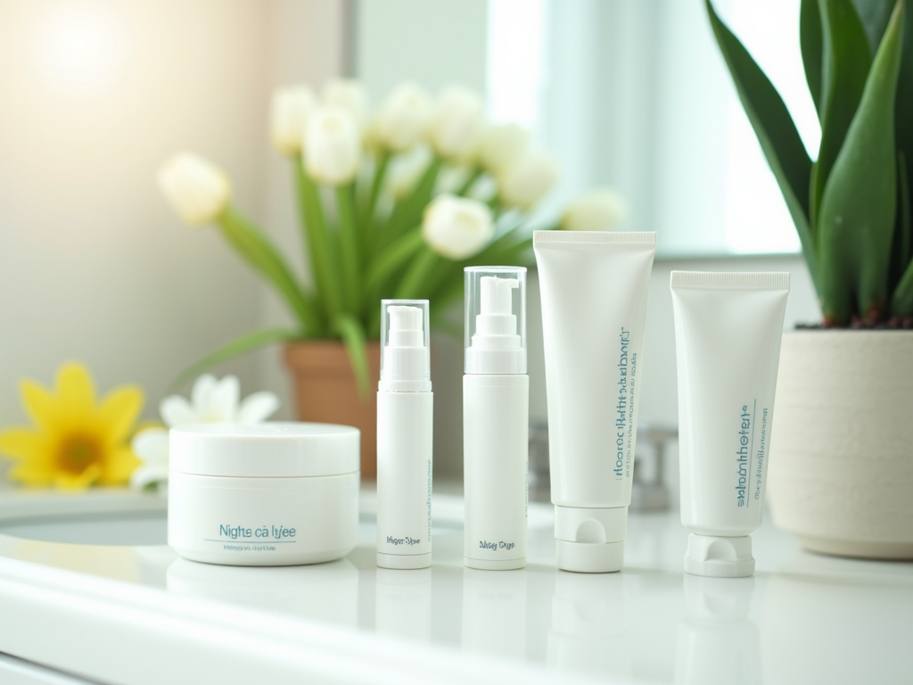 Assorted skincare products on a sunny bathroom counter with plants and flowers.