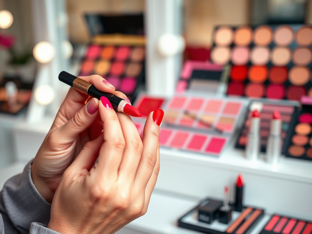 A person holds a lipstick in one hand, showcasing various shades of lipstick and blush in the background.