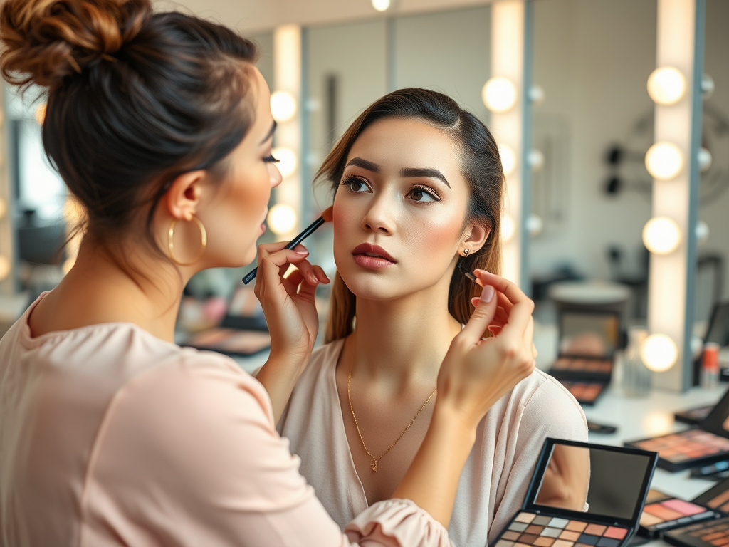 A makeup artist applies blush to a client's cheeks in a well-lit makeup studio. Various cosmetics are visible.
