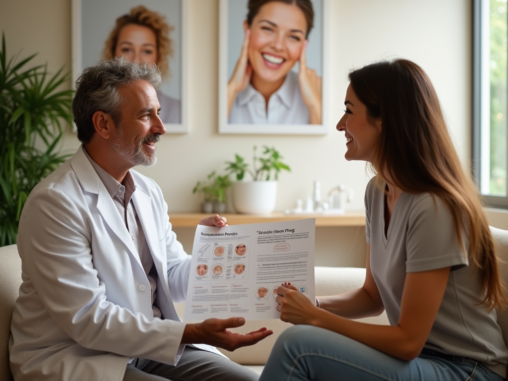 Doctor showing a female patient a medical brochure in a clinic, both smiling and discussing its content.