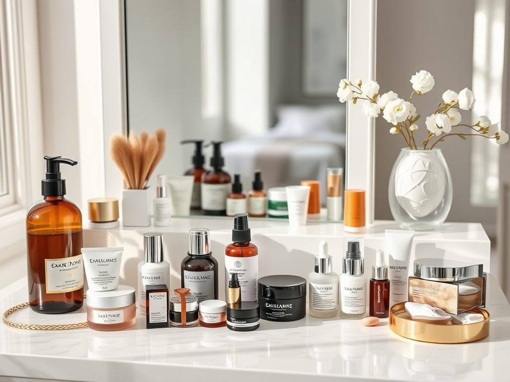 A bright vanity displays a variety of skincare products, including serums, creams, and a vase with flowers.