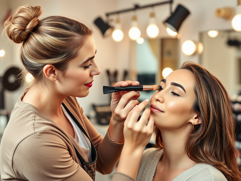 A makeup artist applies makeup to a client's face in a well-lit salon setting.