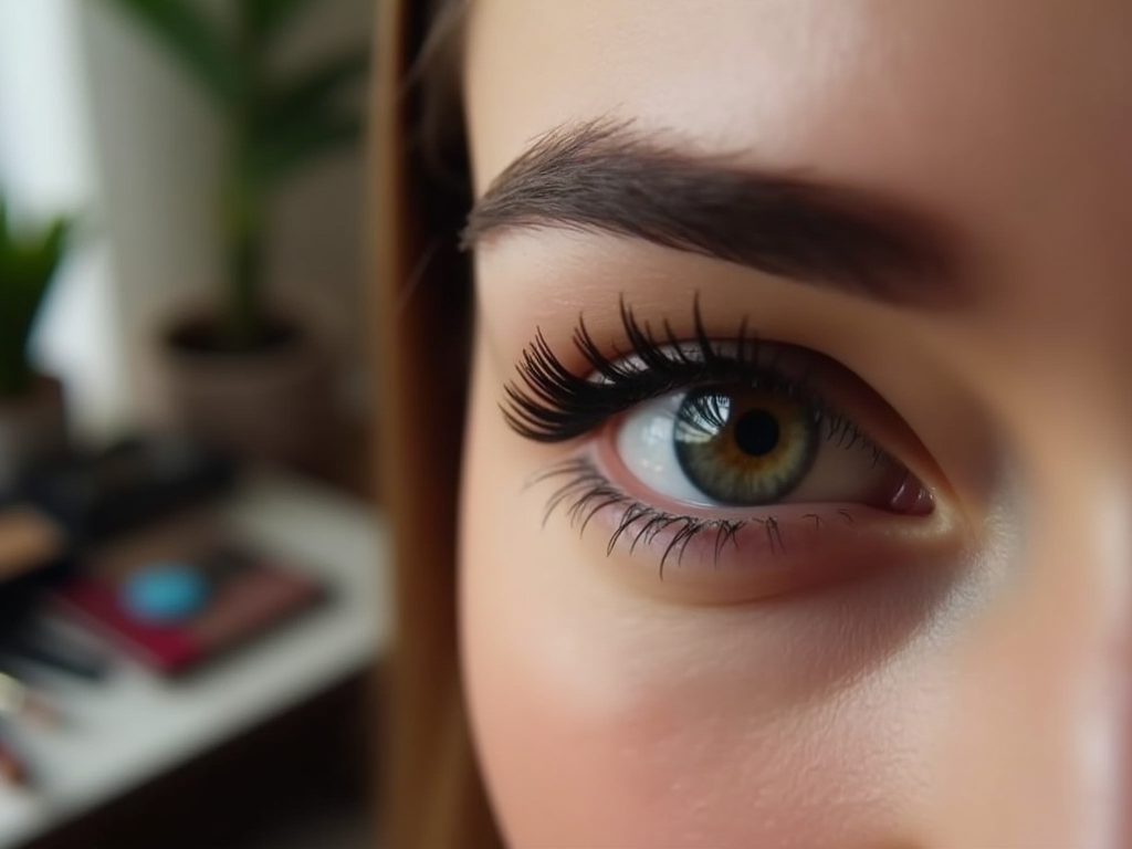 Close-up of a person's eye showing detailed eyelashes and a blue and yellow iris.