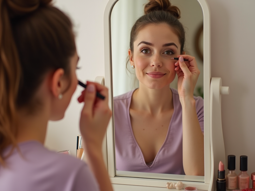 Young woman applying mascara while looking in the mirror, surrounded by cosmetics.