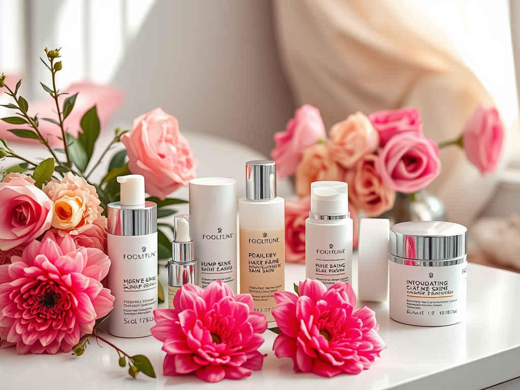 A collection of skincare products arranged with pink flowers, featuring various bottles and jars on a bright surface.