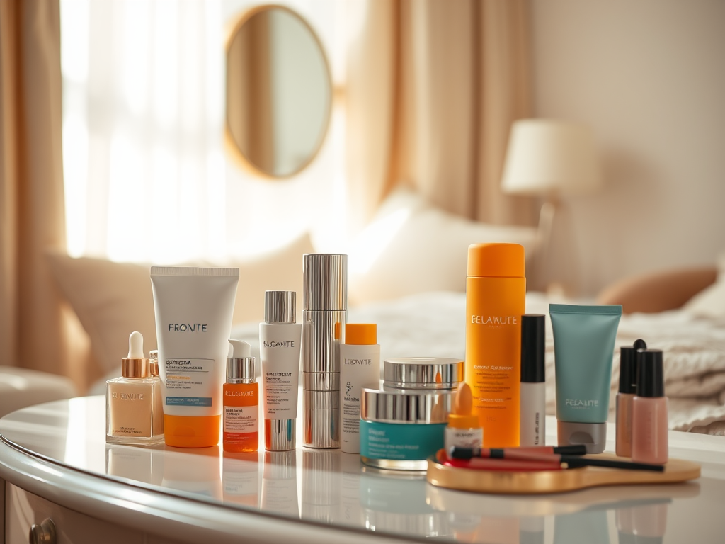 A collection of skincare products arranged neatly on a table, with soft natural light filtering through curtains.