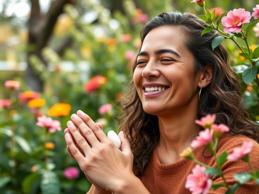 A smiling woman with curly hair is clapping her hands amidst colorful flowers in a lush garden.