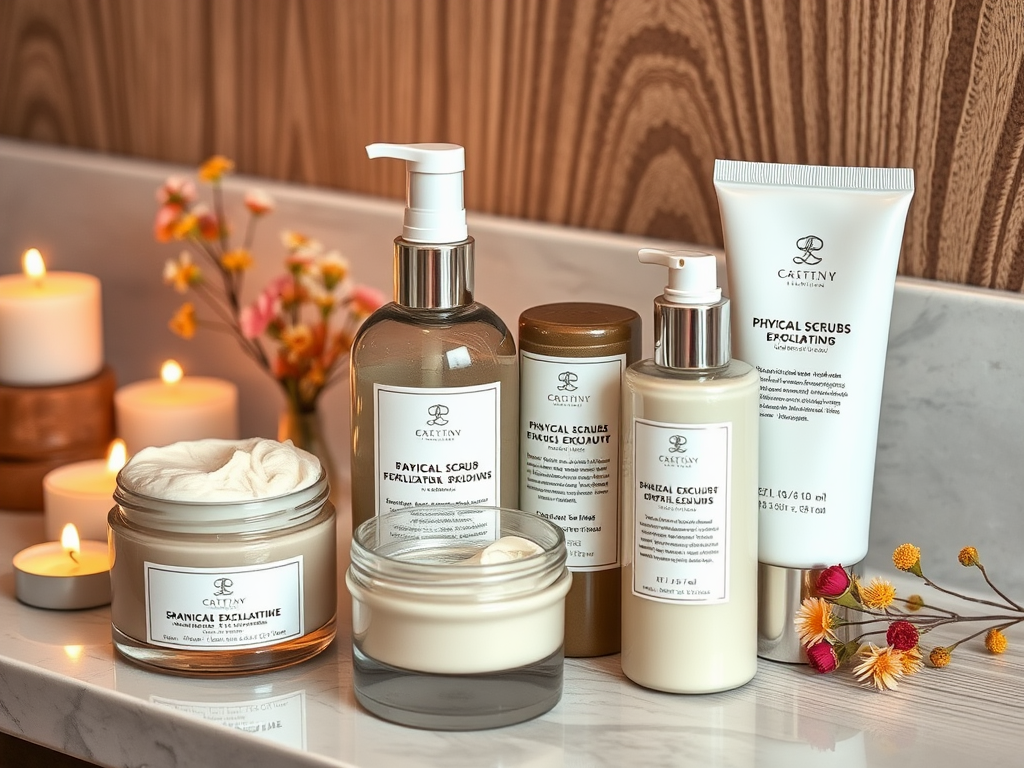 A collection of skincare products on a marble countertop, surrounded by candles and small flowers.