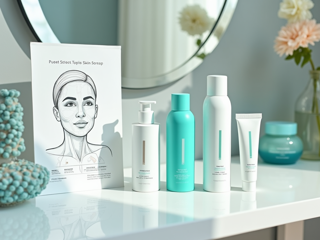 Various skincare products on a bathroom counter with an illustrated facial guide.