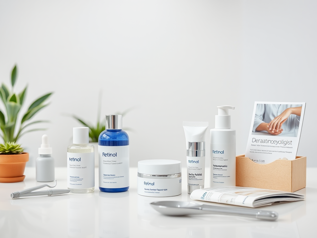 A collection of skincare products, including serums, creams, and a brochure, displayed with plants in the background.