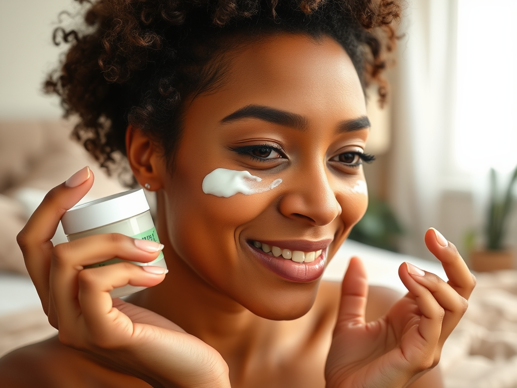 A woman with curly hair is applying cream to her face, smiling and holding a small container of skincare product.