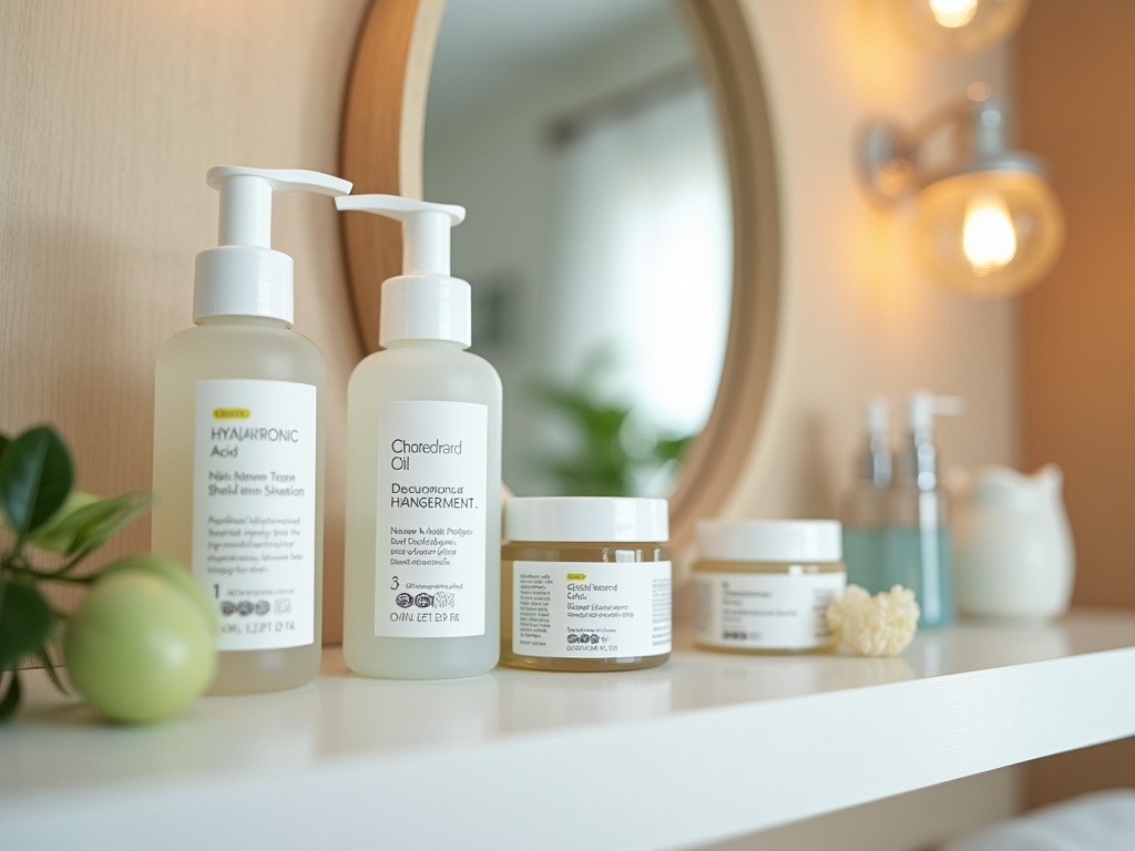 Skincare products on a bathroom shelf, near a round mirror, under warm lighting.