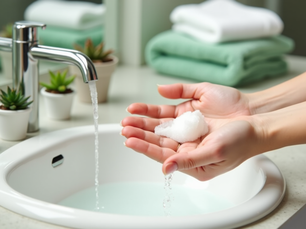 Person holding foam soap under running water at sink, with towels and plants around.