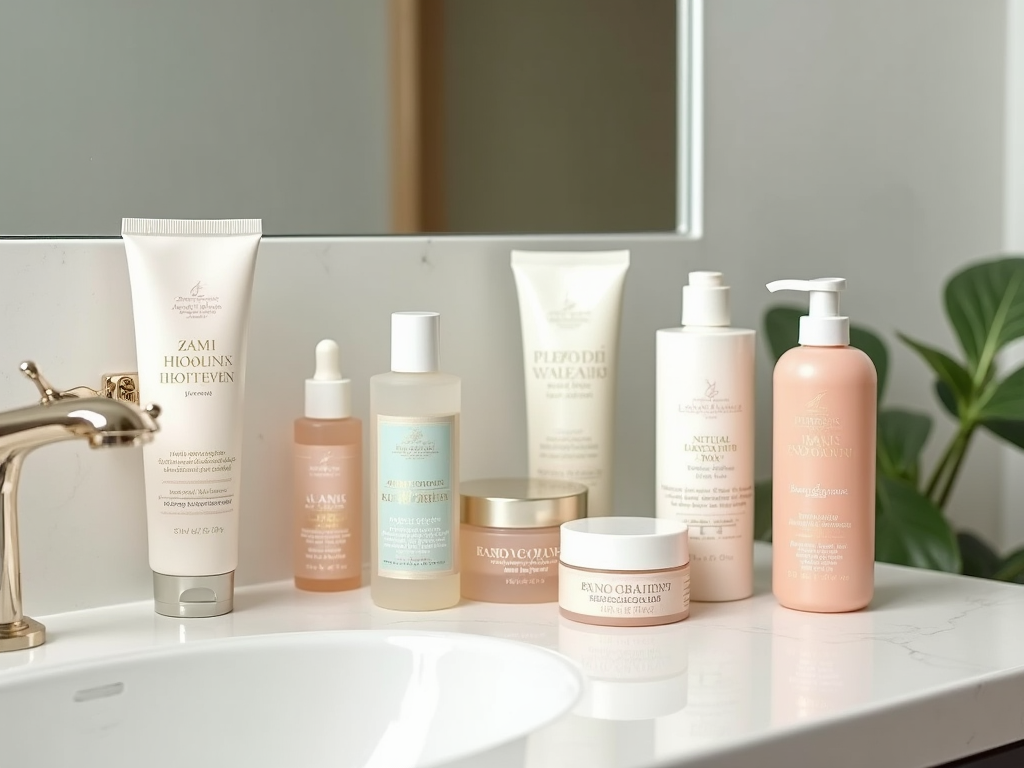 Assorted skin care products displayed on a bathroom counter next to a plant.