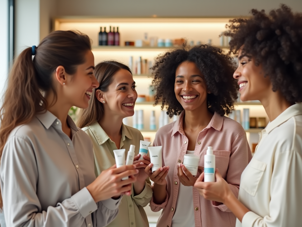 Four women happily discussing skincare products in a well-lit room.