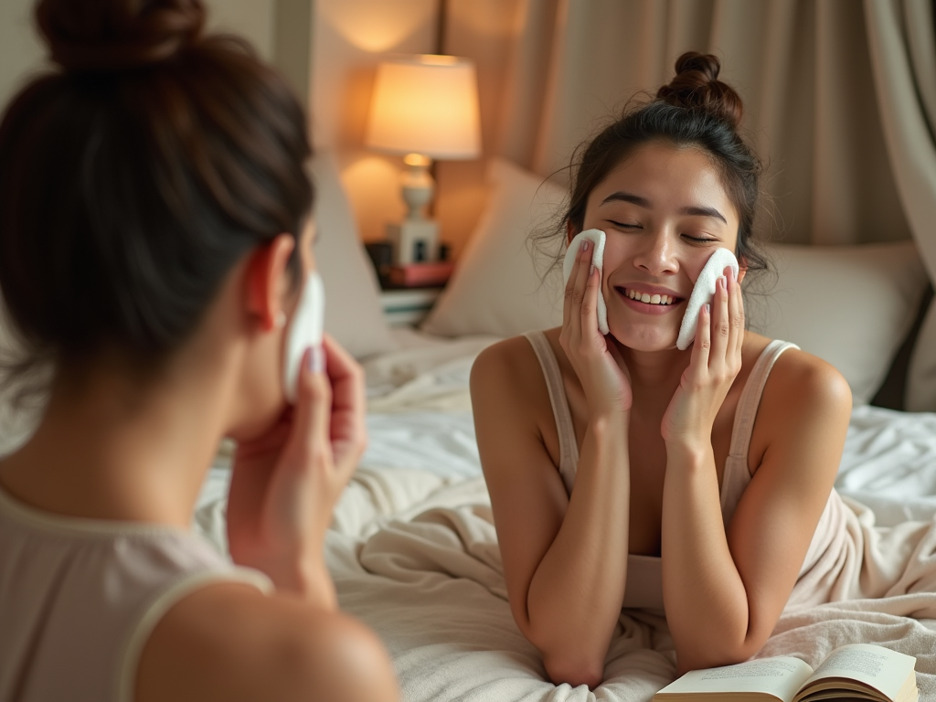 Young woman smiling, using cotton pads on her face, sitting in bed with a book.