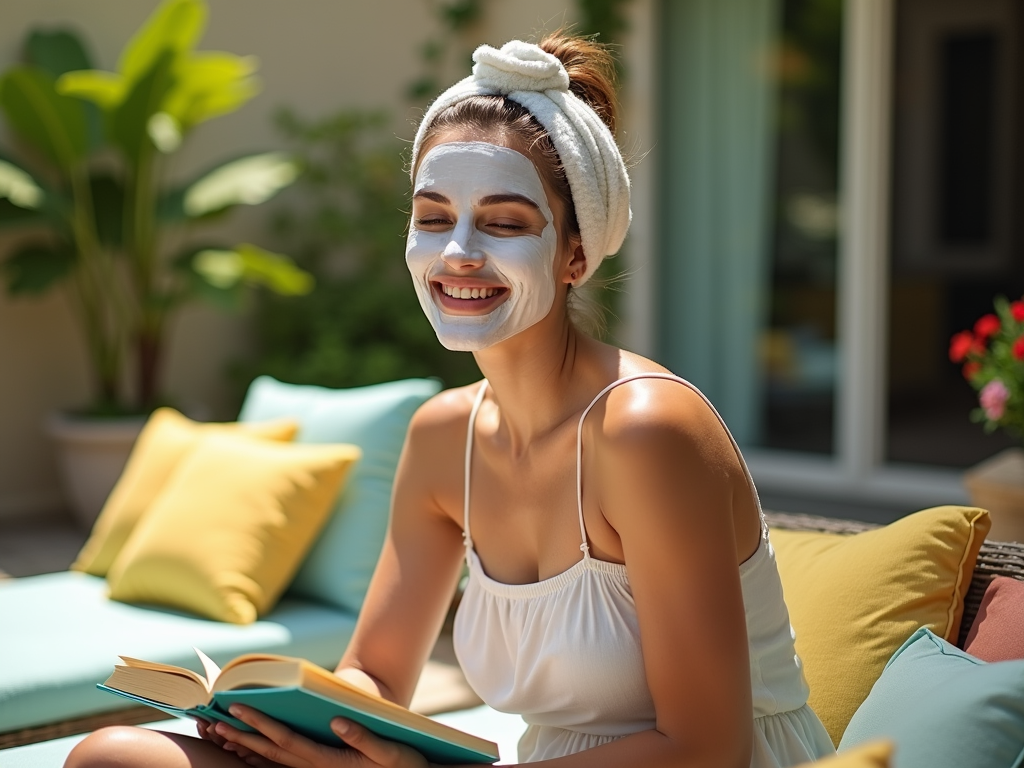 Woman in a face mask reading a book on a sunny patio.