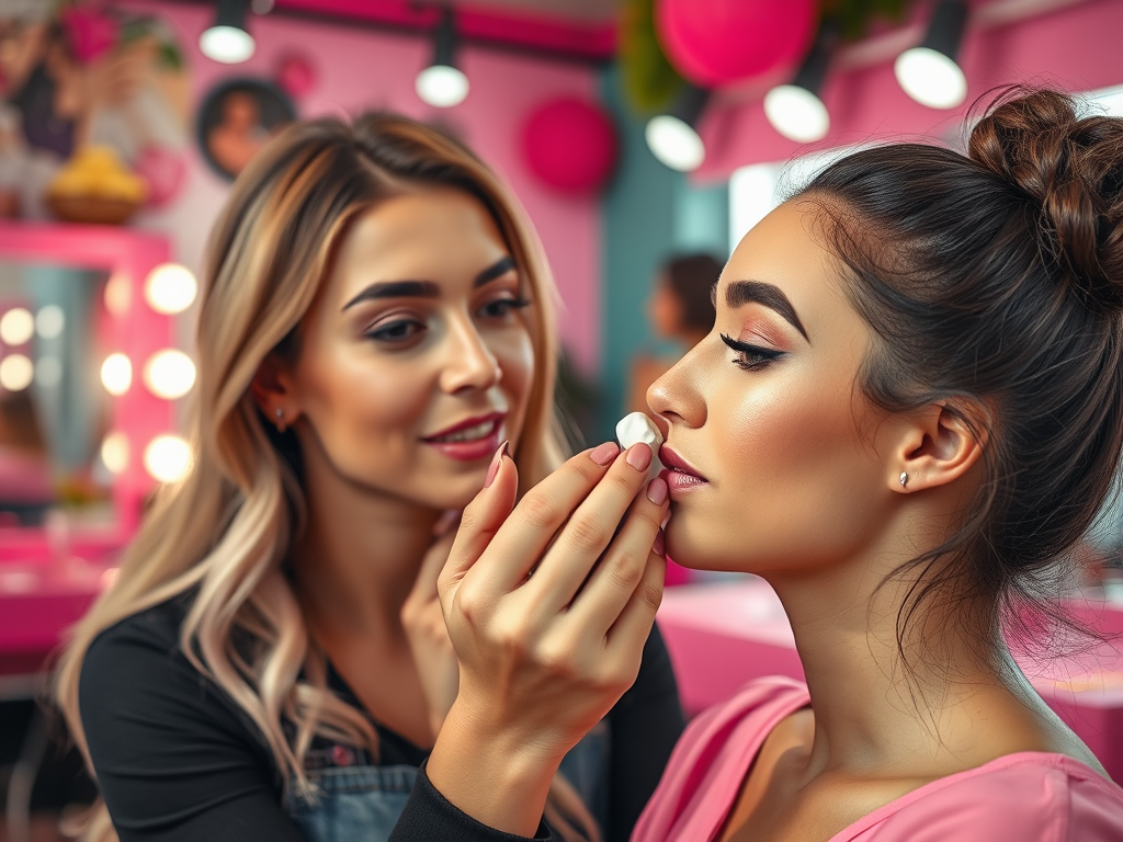 A makeup artist applies products on a client's face in a bright, colorful salon with pink decor.