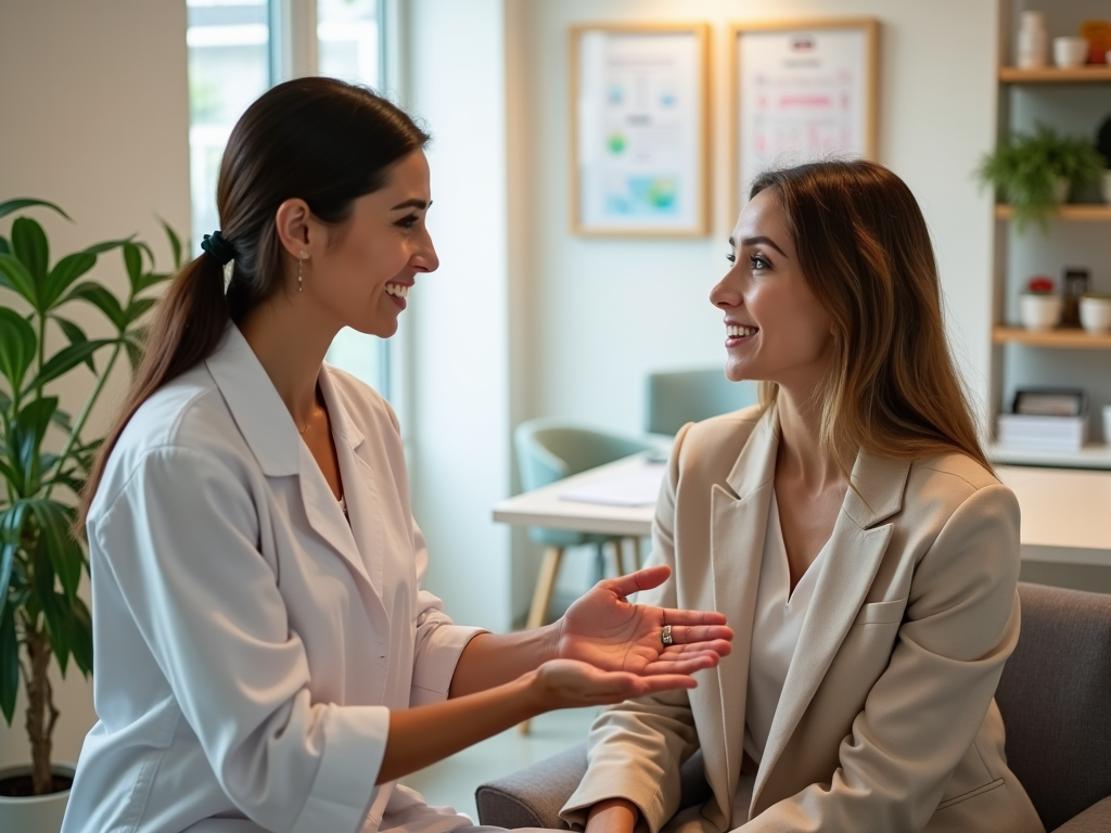 Two women conversing happily in an office setting, one in a white coat.