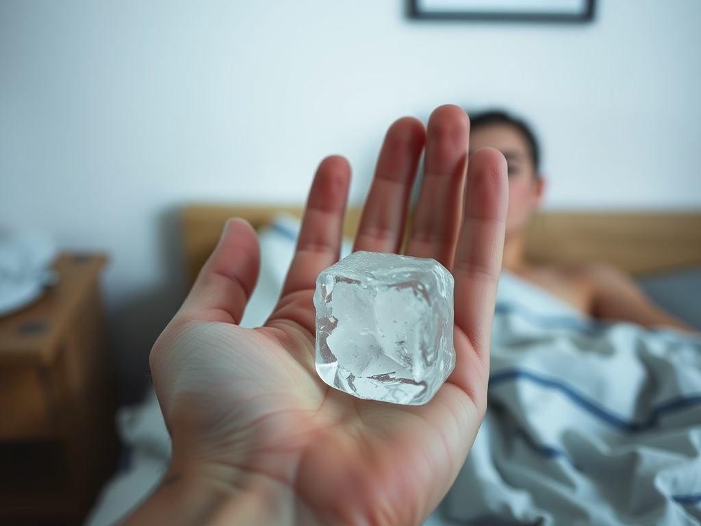 A hand holds a cube of ice in focus, while a person lies in bed, slightly blurred in the background.