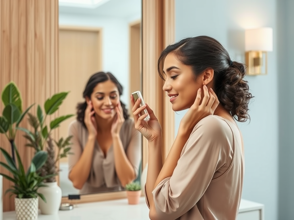 A woman smiles while applying skincare in front of a mirror, with plants and a bright, modern bathroom in view.