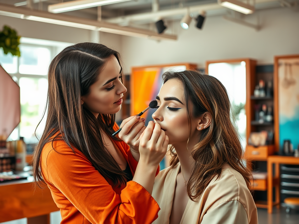 A makeup artist applies makeup to a client's face in a bright, modern beauty salon.
