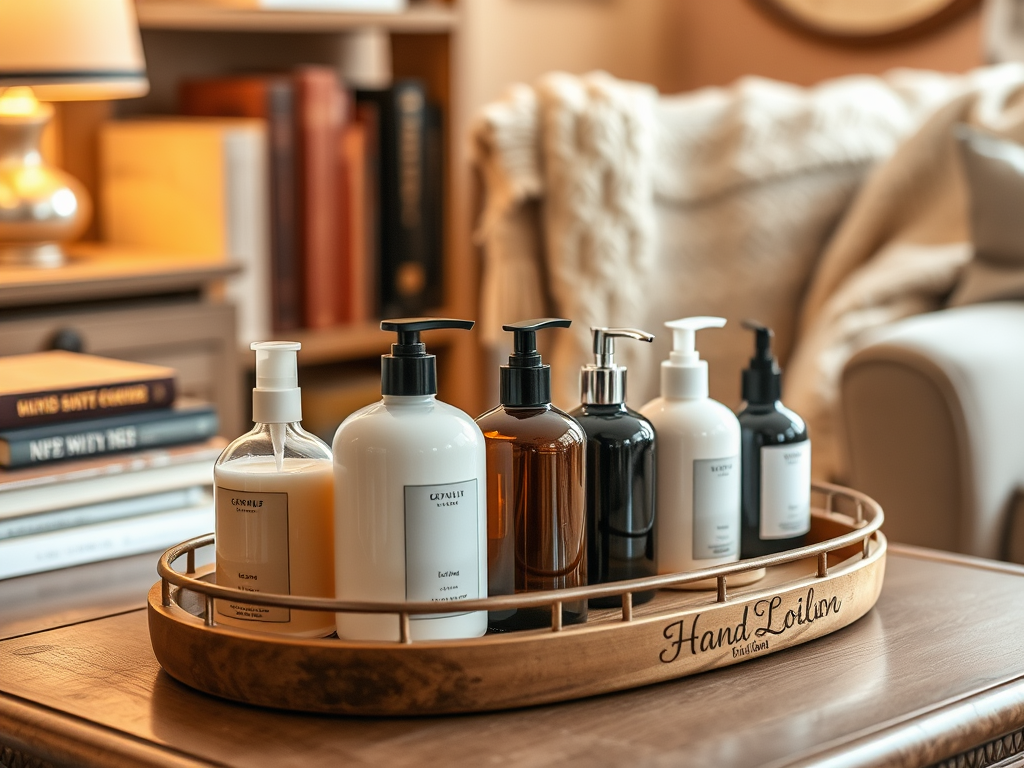 A wooden tray holding six various hand lotion bottles in a cozy setting, with a lamp and books in the background.