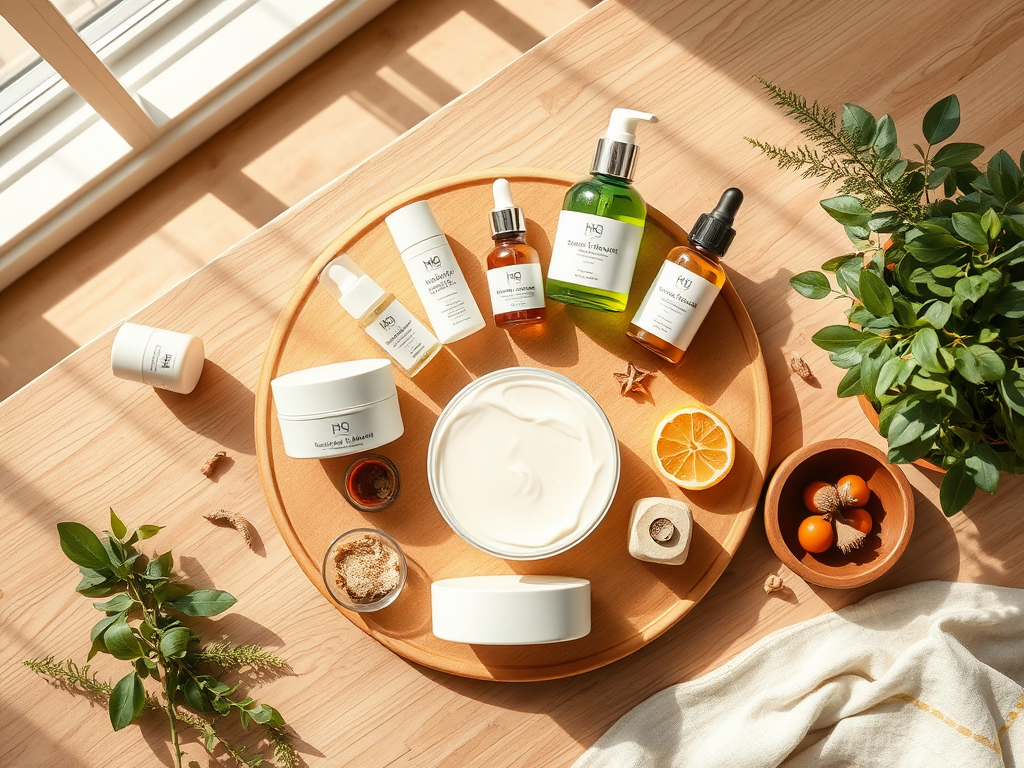 A wooden tray displays various skincare products, a bowl of cream, fresh ingredients, and a small plant.