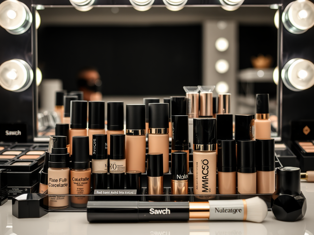 A stylish display of various makeup products, including foundations, concealers, and brushes on a vanity table.