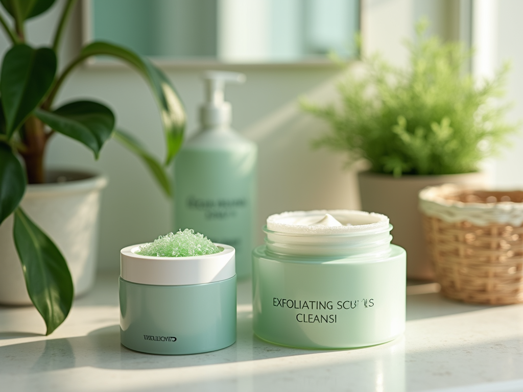 Green skincare products on a sunny counter with plants in the background.