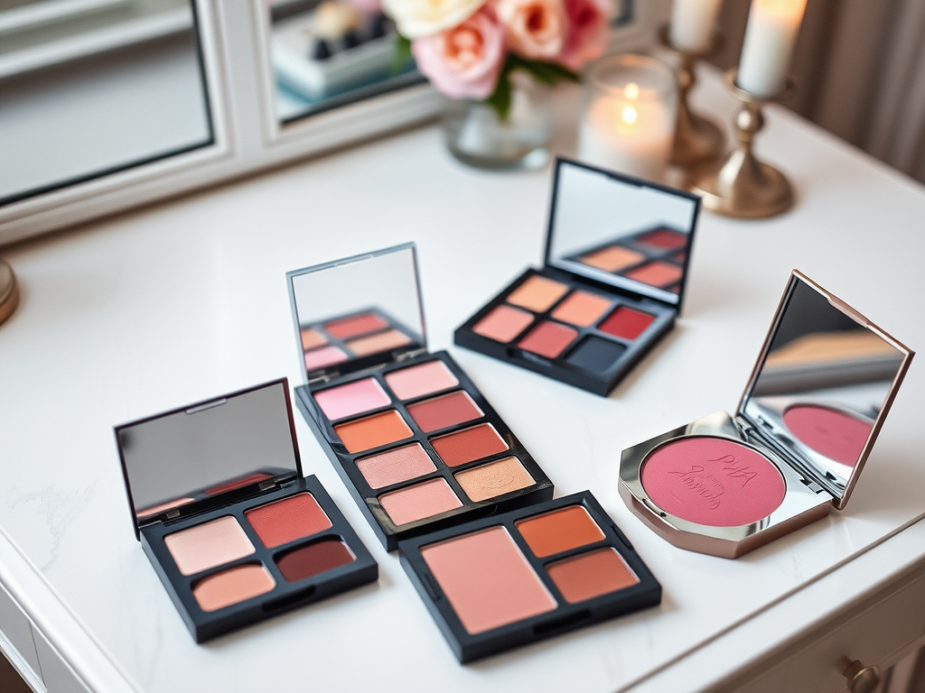 Five makeup palettes with mirrors, featuring various shades of blush and lip colors, arranged on a clean surface.