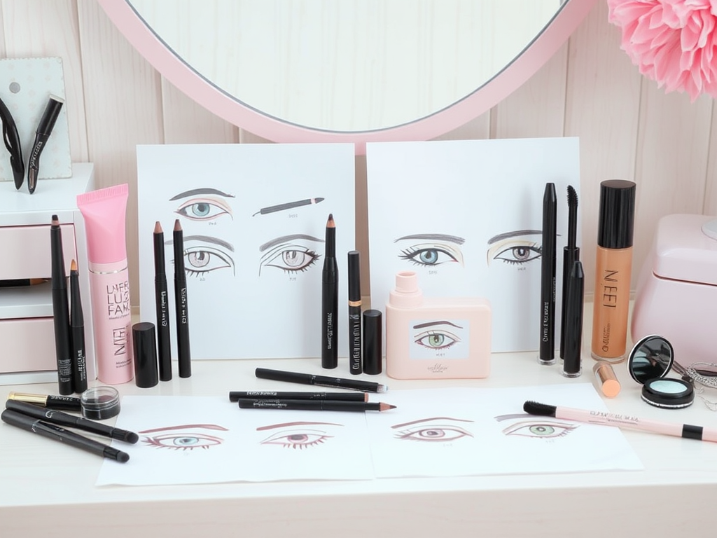 A makeup setup with various eyeliners, pencils, and illustrated eye designs on a vanity table.