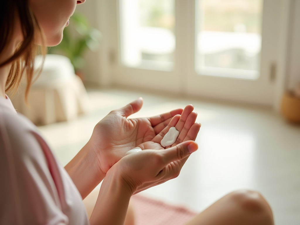 Woman holding white cream on her palm, indoors near a window.