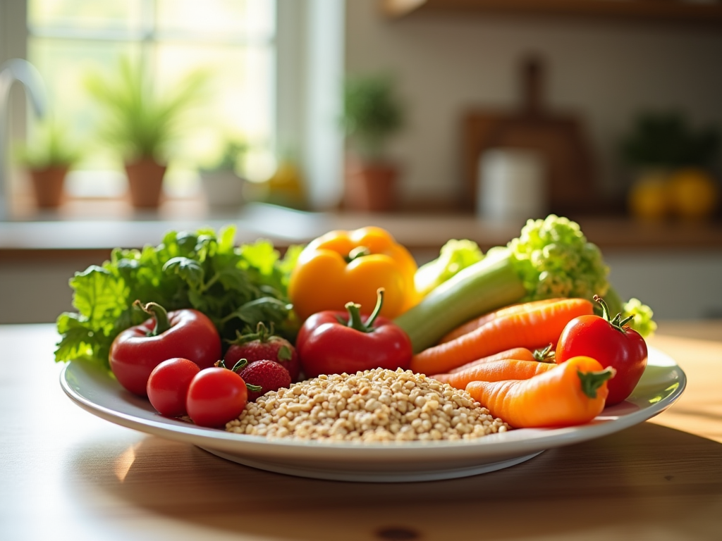 Plate of fresh vegetables and grains in a bright, sunlit kitchen.