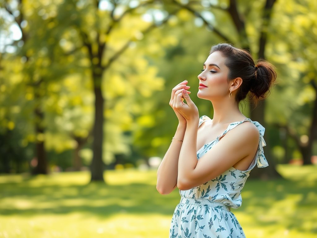 A woman in a floral dress stands in a sunny park, gently holding her hands near her face, looking contemplative.