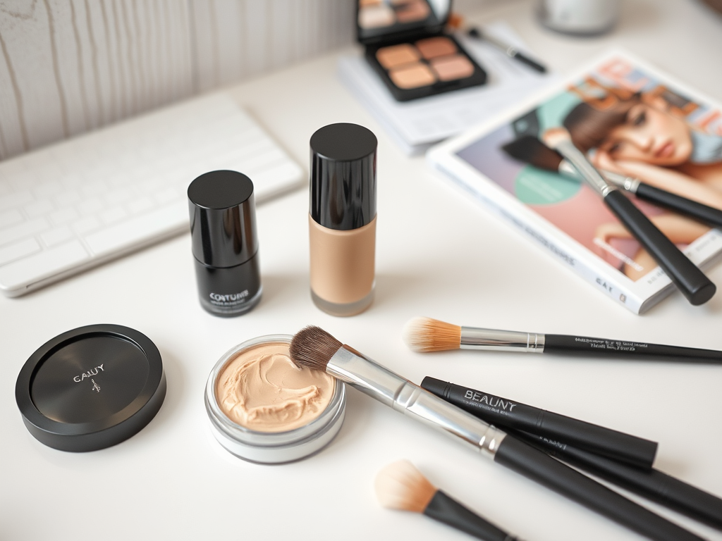 A flatlay of makeup products, including foundations, brushes, and a magazine, arranged on a light surface.