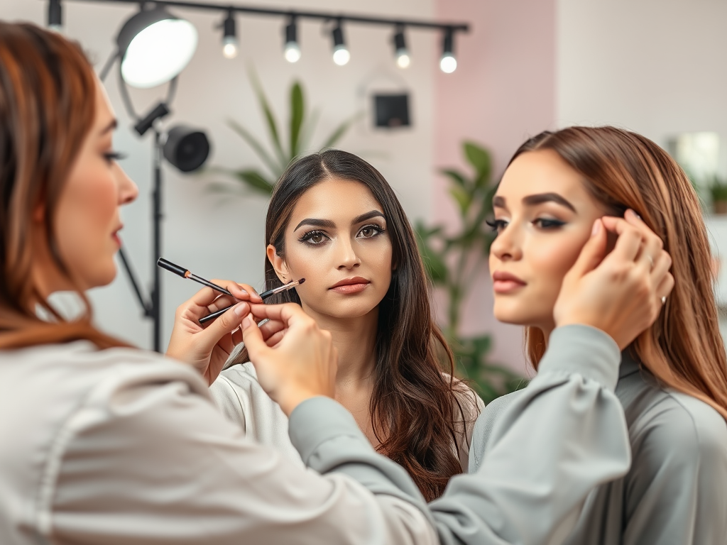 A makeup artist applies makeup on a model, while another model observes in a well-lit studio setting.