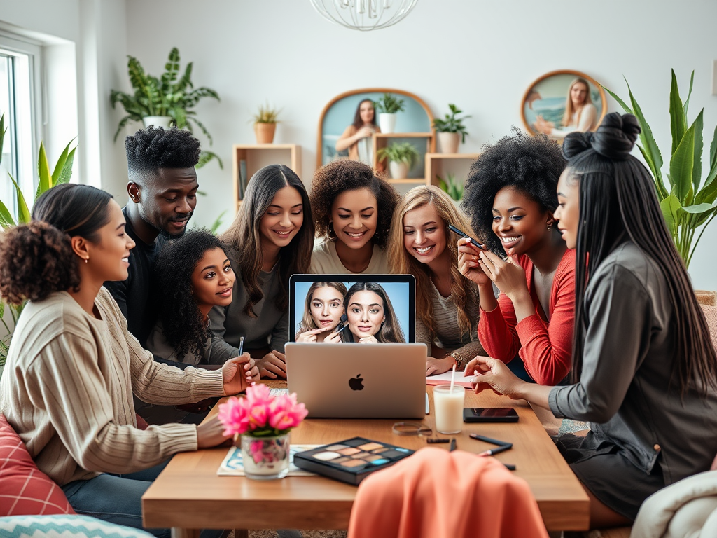 A group of diverse friends excitedly gather around a laptop, sharing beauty tips and laughter in a cozy setting.