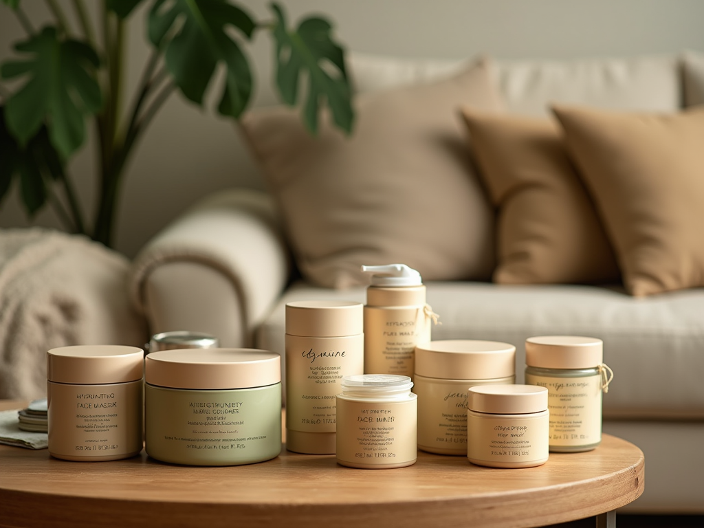 Assorted skincare products displayed on a wooden table in a cozy living room setting.