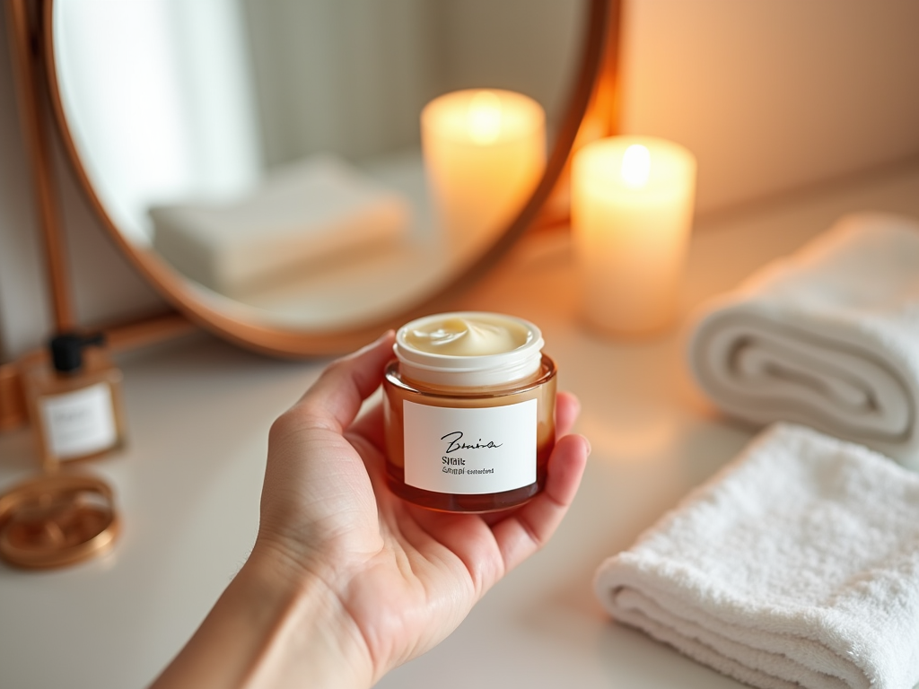 Hand holding a jar of Biania skin cream with a mirror and lit candles in the background.