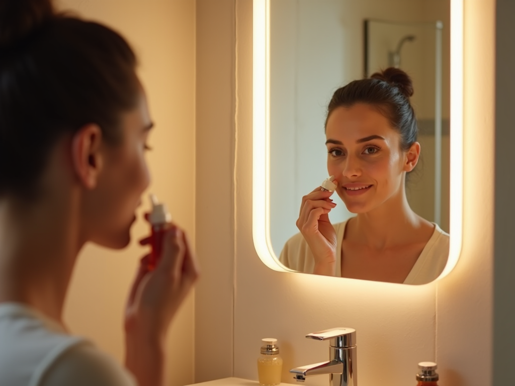 Woman applying lip balm while looking at her reflection in a well-lit bathroom mirror.