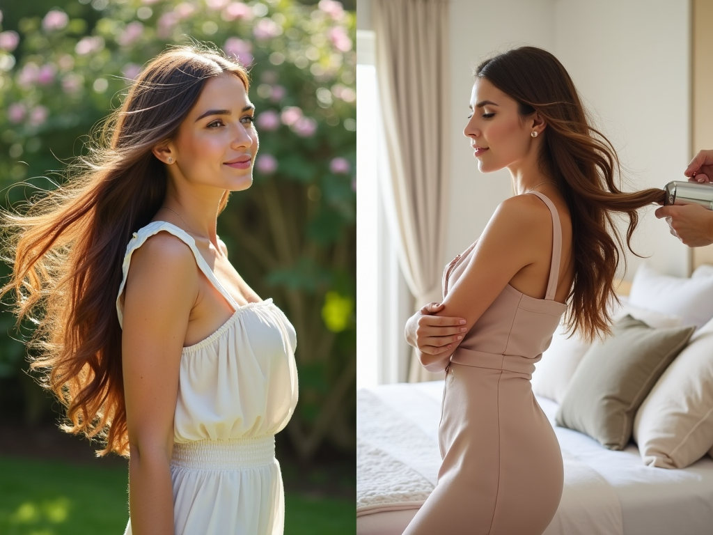 "Split image of a woman outdoors in white dress, and indoors getting her hair styled in a beige dress."