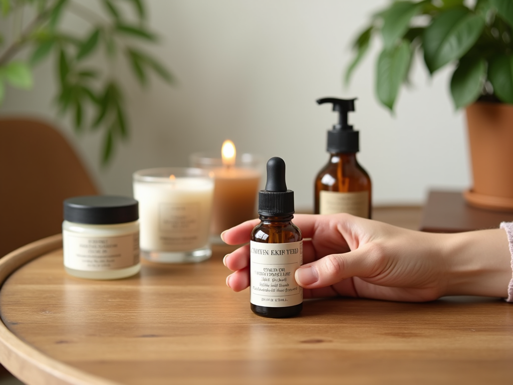 Person holding a dropper bottle of skincare oil with candles and plant in background on wooden table.