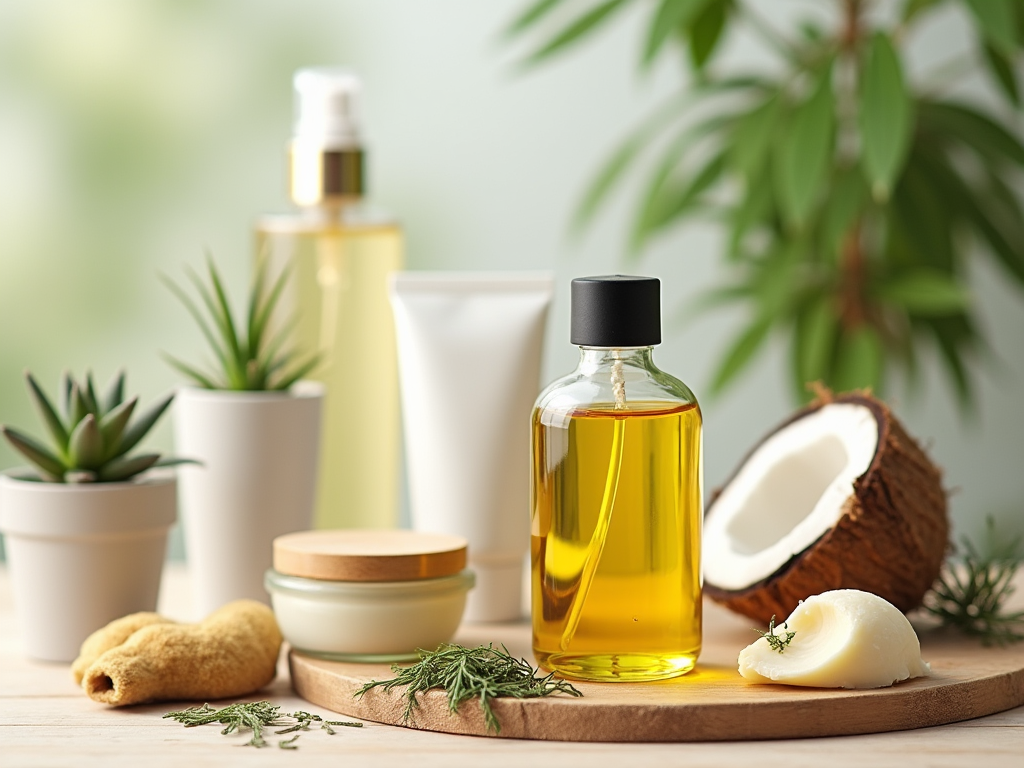 Natural skincare products with coconut oil, herbal extracts, and succulents on a wooden board.