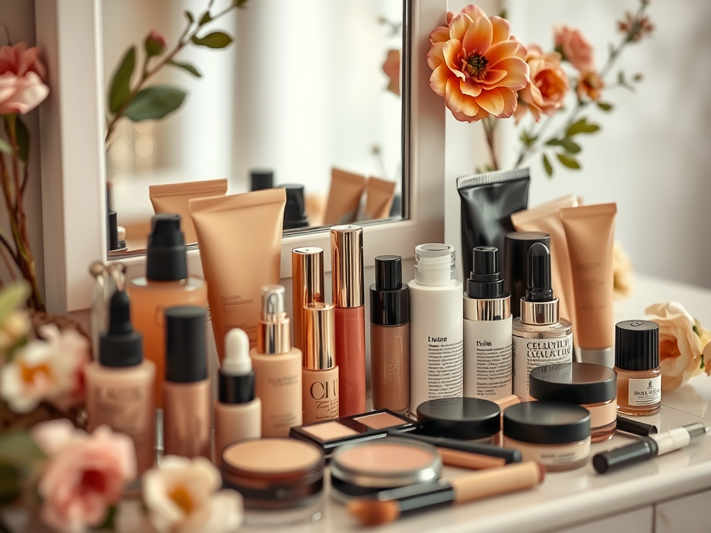 A vanity table with a variety of makeup and skincare products, complemented by pink flowers and a mirror.