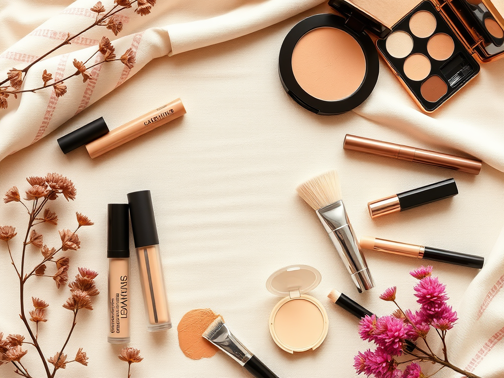 An arrangement of makeup products, including concealers, powder, brushes, and flowers on a soft fabric background.