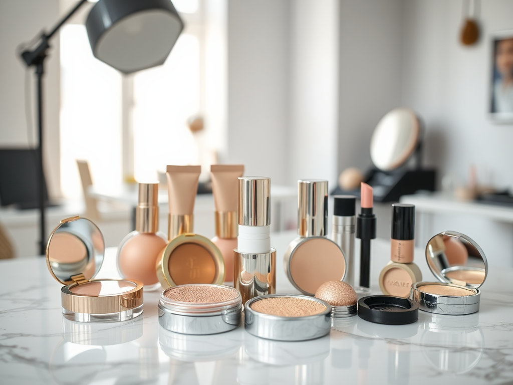 A variety of makeup products displayed on a marble table, including foundations, powders, and lipsticks.